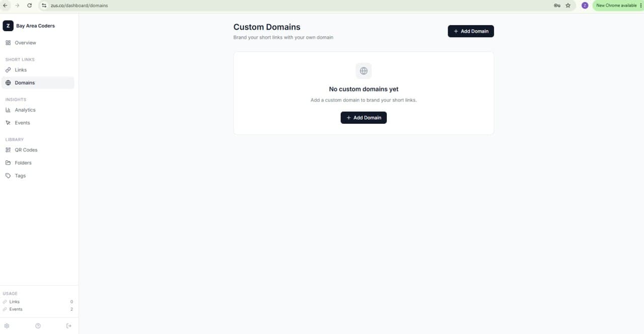 Custom domains at $12/mo, not enterprise pricing — zus.co product screenshot